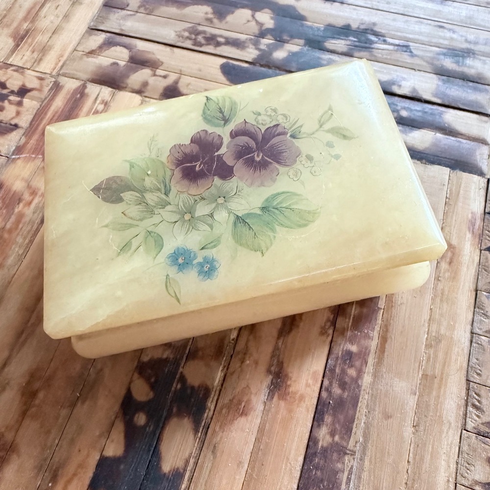 Vintage Genuine Alabaster Trinket‎ Box - Made in Italy Hand-Painted Floral Motif